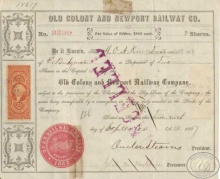 Old Colony and Newport Railway Co. Сертификат на 2 акции (Cancelled). $200,1867 год.