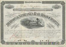 Atchinson and Nebraska Railroad Co.Cертификат на 25 акций. $2500, 1879 год.