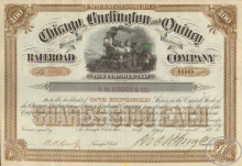 Chicago Burlington and Quincy Railroad Co. Сертификат на 100 акций. $10000, 1886 год.